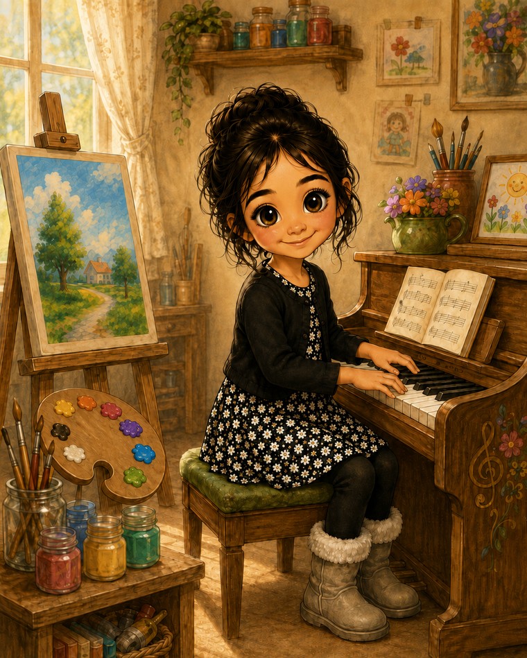 Alla the Artist at the piano, sheet music open in front of her